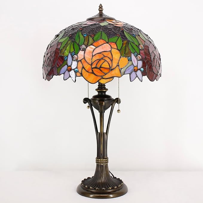 Tiffany Table Lamp Red Yellow Rose Stained Glass Desk Lamp 16X16X24 Inches Reading Light