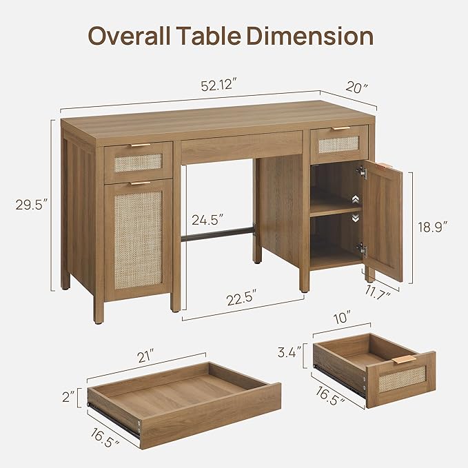 SICOTAS 52" Home Office Desk with Storage - Rattan Executive Desk with 3 Drawers and 2 Cabinets, Farmhouse Boho Larger Computer Writing Table for Study, Office, Living Room, Oak