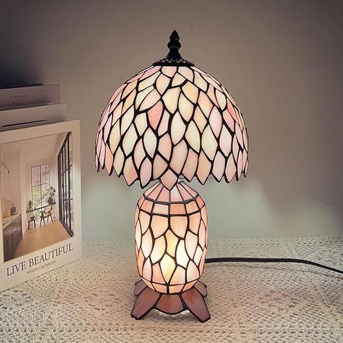 Small Tiffany Lamp Stained Glass Table Lamp Mini Mother Daughter Vase Desk Accent Night Light for Bedroom Bedside Reading Home Antique Style 8X14 Inches (Pink Wisteria)