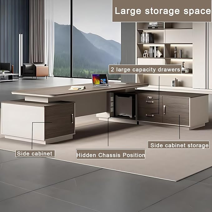 102IN Executive Desk with Drawers - Fashionable Executive Desk with Large Storage Space & Concealed Wire Box & Password Lock | Unique Front Panel & Spacious Worksurface