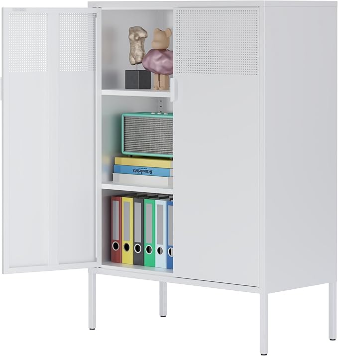 2 Door Accent White Metal Storage Cabinet with Adjustable Shelves and Air Vent Doors, 3 Tier Metal Sideboard Cabinet for Home, Office, Entryway, Hallway, Assembly Required, (LC-WGG-W)