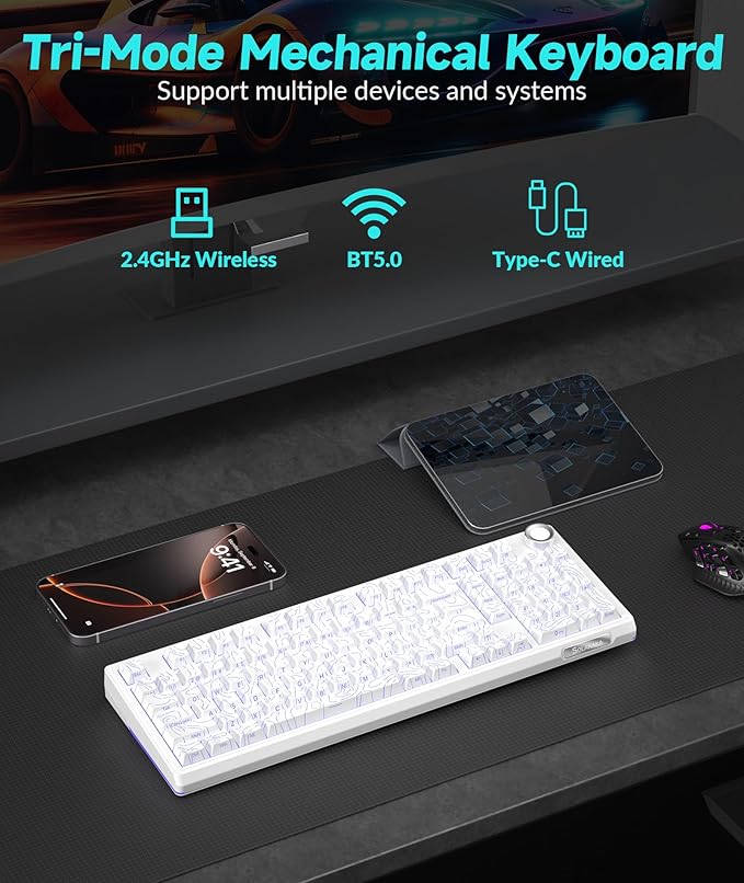 SOLAKAKA KI99 Pro 96% Wireless Mechanical Keyboard, RGB Gaming Keyboard, Hot-Swappable Pre-Lubed Switches, Gasket Structure Creamy Keyboards (Contour-Style White, Non-Silent Version)