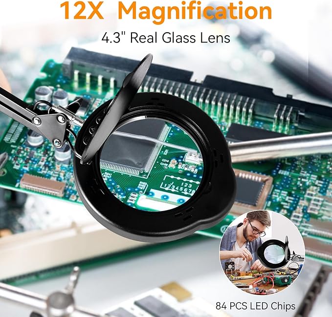 Ultra Long 12X Magnifying Glass with Light and Stand|Magnifying Lamp with 3-Section Swing Arm,5 Color Modes LED Lighted Magnifier Lamp for Workbench/Craf