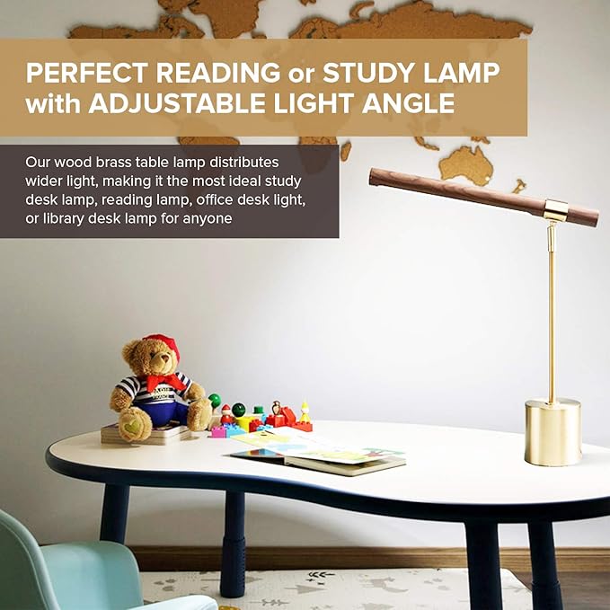 Modern Banker Slim Table Lamp - LED Desk Light - Wood Brass Lamp - Adjustable Table Lamp - Mid Century Desk Lamp for Home, Bedside, Office - Steampunk MCM Mid Modern Century