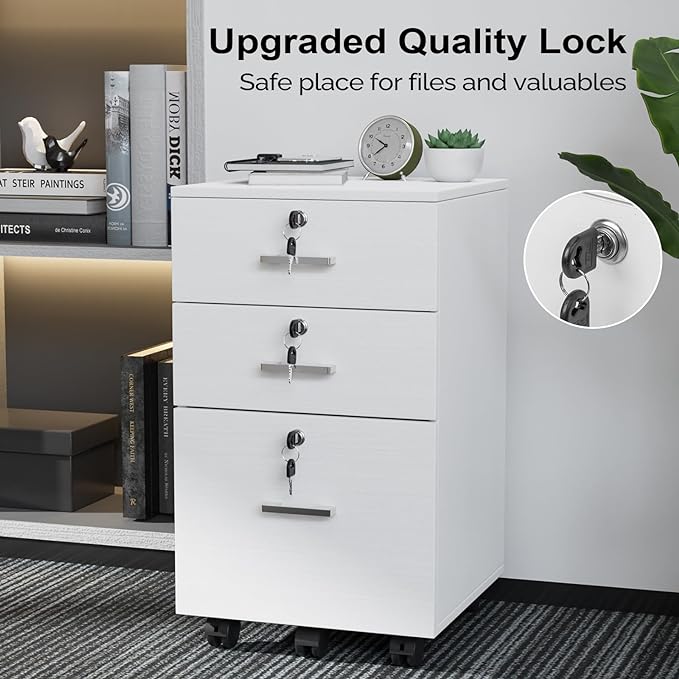 VINGLI 3-Drawer File Cabinet with Lock, Wood Rolling Filing Cabinets for Home Office, Mobile Printer Stand, Under Desk File Organizer for Letter Sized Files, 26" H(Caster Included), White