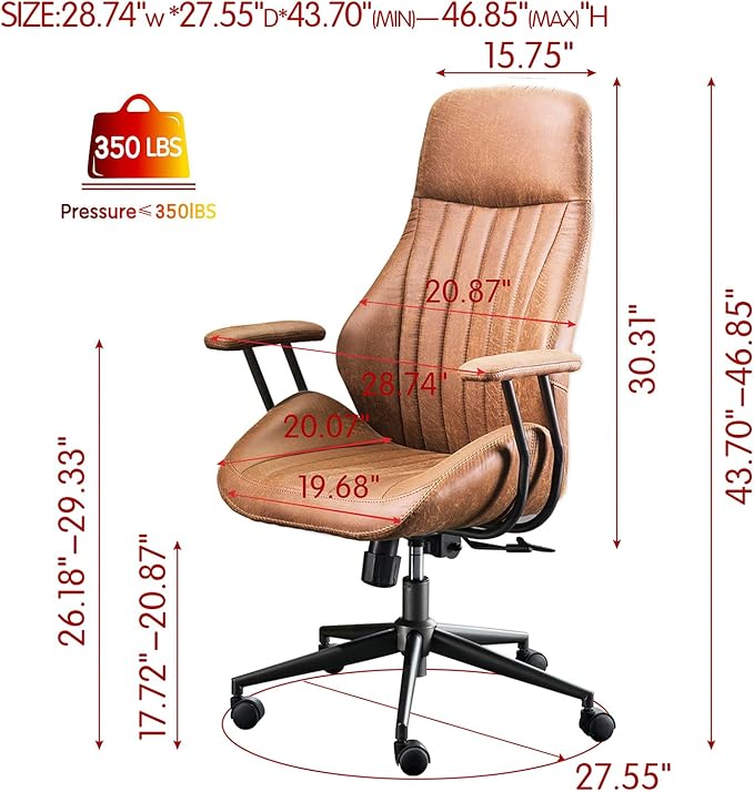 ovios Ergonomic High Back Office Chair, Mid-Century Modern Faux Suede Leather Chair with Padded Armrests, Comfy Executive Computer Task Swivel Rolling Chairs, Brown