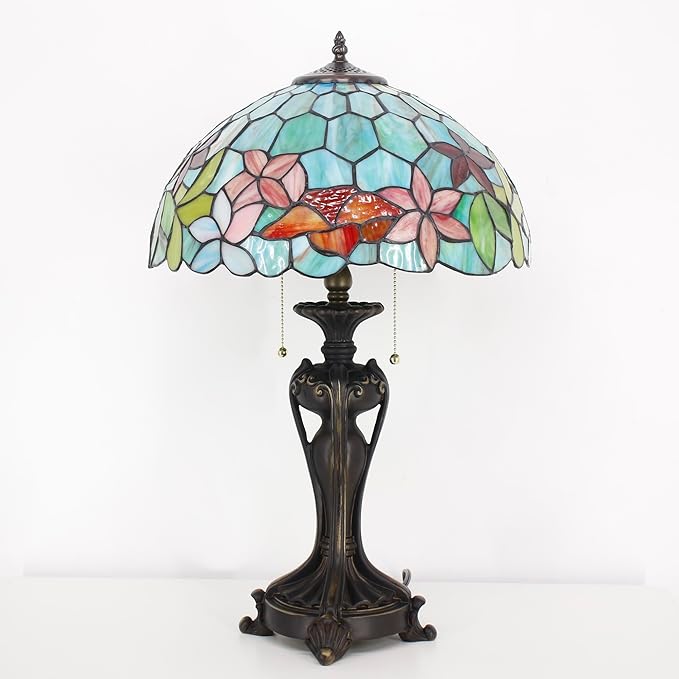Tiffany Stained Glass Table Lamp 16X16X24 Inch Green Red Flowers Style Desk Bedroom Living Room Antique Reading Light (Red Flowers)