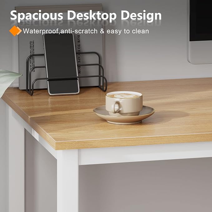 Need Small Desk, 39.4 inches Sturdy Writing Desk for Small Spaces, Small Computer Desk Teens Desk Study Table Laptop Desk Home Ofice Desk, White Metal Frame, Teak