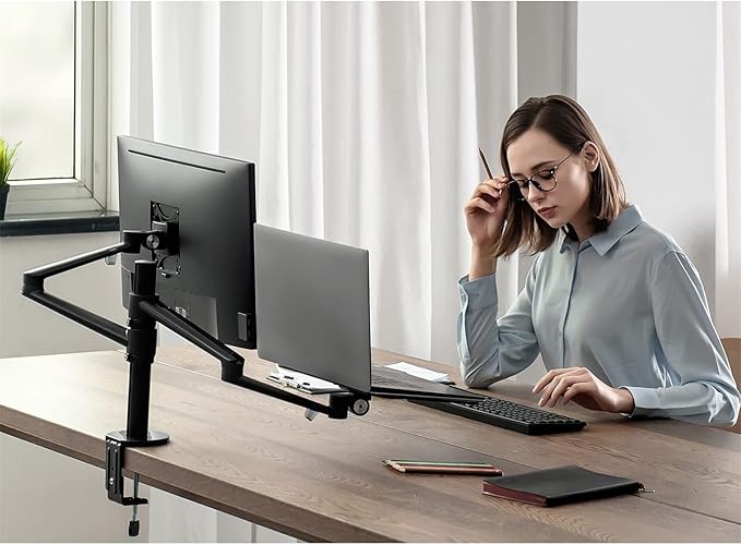 Viozon Monitor and Laptop Mount, 2-in-1 Adjustable Dual Arm Desk Mounts Single Desk Arm Stand/Holder for 17 to 32 Inch LCD Computer Screens, Extra Tray Fits 12 to 17 inch Laptops (Black)