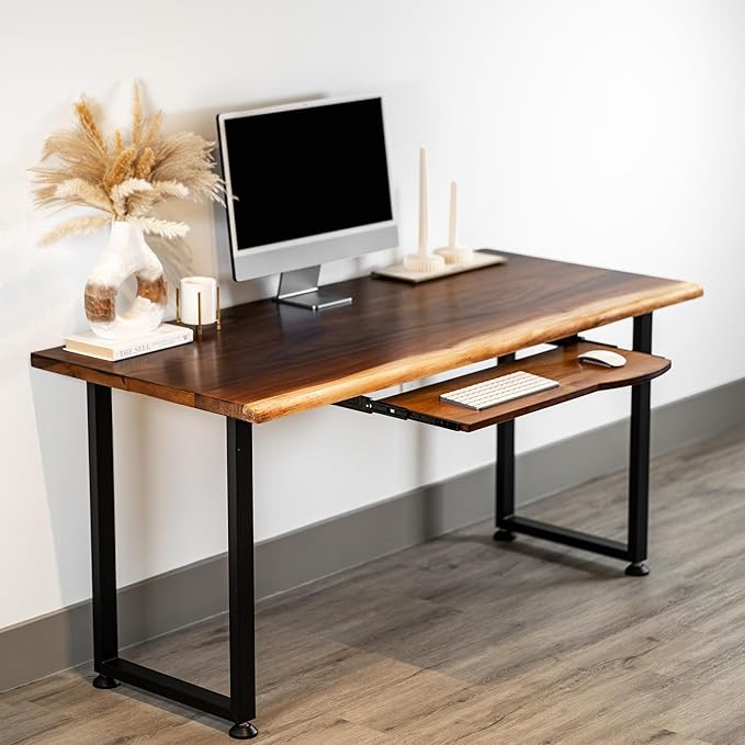 Solid Walnut Wood Computer Desk with Keyboard Tray – Live Edge Wooden Home Office Desks with Sturdy Metal Legs – Real Wood Table for Work, Study, or Gaming - 60” x 27”