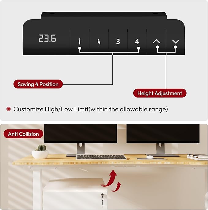 SANODESK 55 Inch 3 Stage Bamboo Electric Standing Desk, Dual Motor Height Adjustable Desk, Stable and Durable Sit to Stand Home Office Desk (White Frame/ 55” x 28” Curved Natural Bamboo Top)