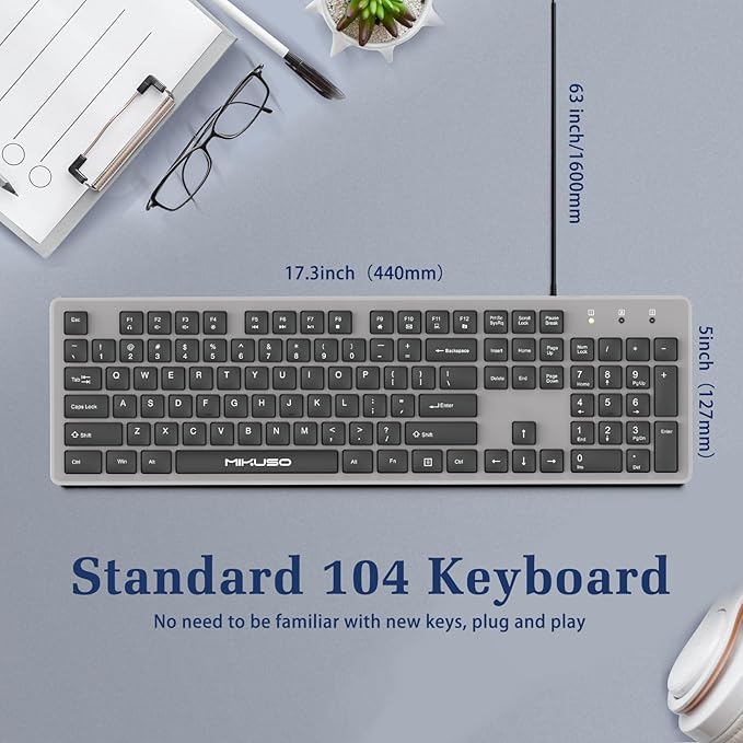Wired Computer Keyboard Character anti fading,Corded Low-Profile, 12 Multimedia Hotkeys,1.6m Cable USB Interface Plug and Play Suitable for Computers, Laptop and PC,Full-Size,Number Pad, Office