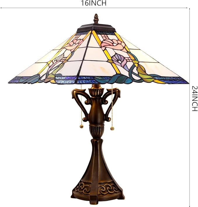 Tiffany Table Lamp Stained Glass Square Pink Flower Mission Style Desk Reading Light 16X16X24 Inch for Bedroom Living Room Home Office