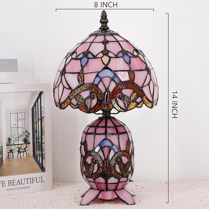 Small Tiffany Lamp Stained Glass Table Lamp Mini Mother Daughter Vase Desk Accent Light for Bedroom Bedside Reading Home Antique Style Decor 8X14 Inches (Pink Baroque)