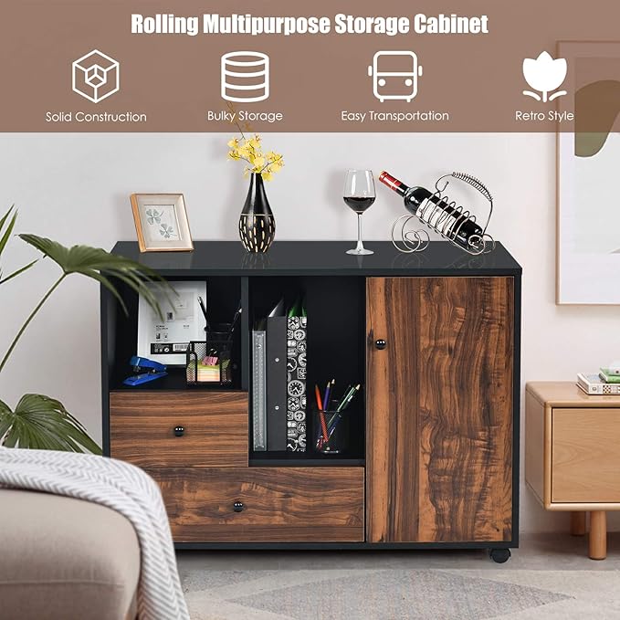 Giantex Mobile Filing Cabinet 2 Drawers, Large Storage Cabinet, Printer Stand on Wheels, Wood Lateral Industrial File Organizer with Open Shelves for Home and Office Use(Black+Brown, 4 Wheels)