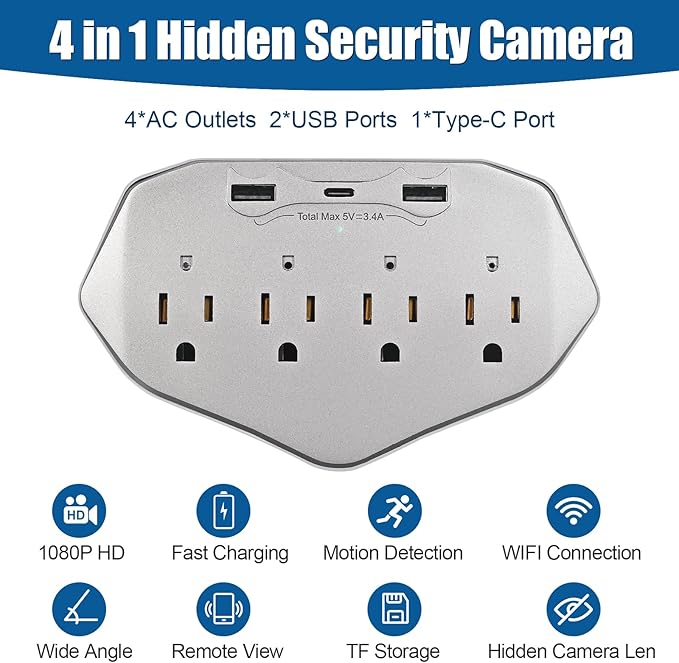 Wall Outlet Hidden Camera 45W Faster Charger Spy Camera Nanny Cam for Home, Office and Business Security with Wi-Fi HD 1080P Connectivity