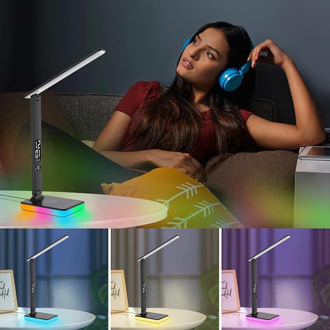 LED Desk Lamp with Wireless Charger, USB Charging Port, Reading Lamp Desk Light with 5 Brightness, 3 Colors, Table Lamp with Clock, Alarm, Date, Temperature, Desk Lamp for Home Office Study (Black)