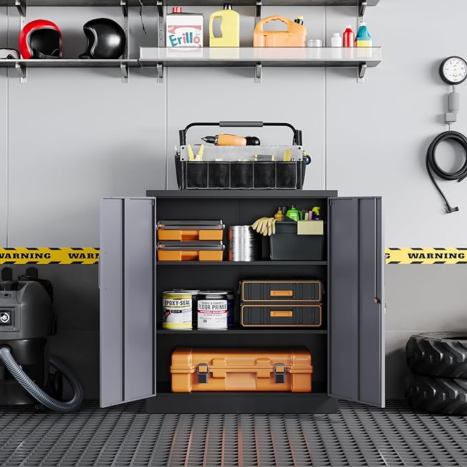 Yizosh Metal Garage Storage Cabinet with 2 Doors and 2 Adjustable Shelves - 35.5" Steel Lockable File Cabinet for Home Office,Garage,Gym,School(Gray Black)