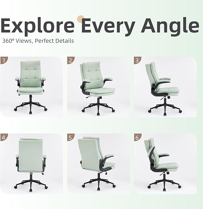 VINGLI Comfy Green Leather Office Desk Chair, High-Back Support Ergonomic Computer Task Gaming Chair,with Removable wheels,360° Swivel,Adjustable Height,Flip-Up Arms,for Adults,Teen,Vanity,Home Office