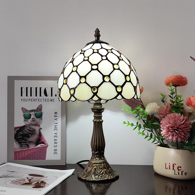 Small Tiffany Table Lamp 8 Inch Tiffany Style Desk Lamp Stained Glass Antique Light Bedroom Bedside Lamp Retro Reading Lamps (White Pearls Style)