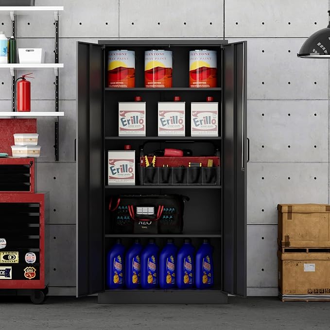 Metal Storage Cabinet-71” Tall Steel File Cabinets with Lockable Doors and Adjustable Shelves-Black Steel Storage Cabinet for Home, School, Office, Garage