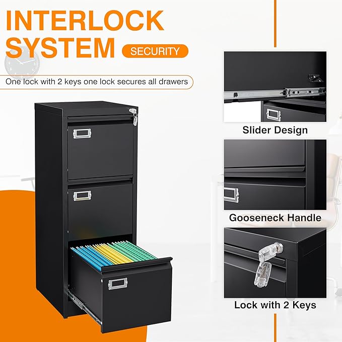 Metal Vertical File Storage Cabinet, 3 Drawer File Cabinet with Lock, 18" Deep Vertical Filing Cabinets for A4 Legal/Letter Size, Assembly Required (3 Drawer - Black)