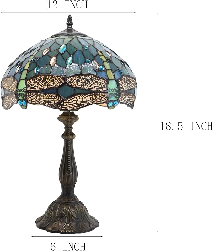 Tiffany Lamps Sea Blue Dragonfly Style Stained Glass Table Lamp Desk Bedside Reading Light 12X12X18.5 Inches with Bronze Resin Base Applicable to Bedroom Living Room Office