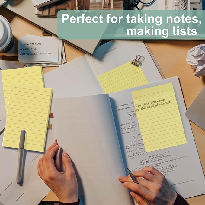 24 Pack Lined Sticky Notes 4X6 in Self Sticky Note Pads Colorful Post Stickies for Office, Home, School, Meeting, 50 Sheets/pad, Yellow