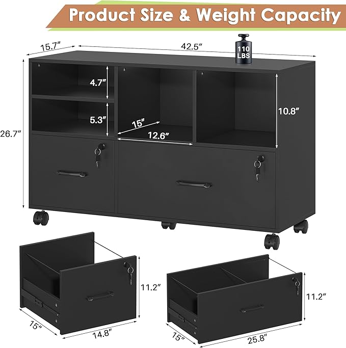 Semoic 2 Drawer Wood Lateral File Cabinet with Lock, Lockable Rolling Filing Cabinet with Adjustable Storage Shelves, Printer Stand Office Storage Cabinet for Home Office Fits Files Legal/A4, Black