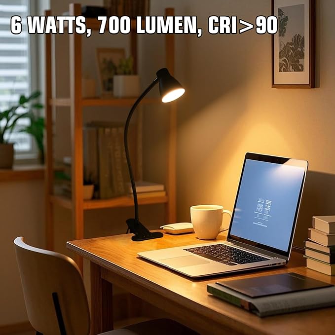 Clamp Desk Lamp, Clip on Reading Light, 3000K-6500K Adjustable Color Temperature, Multiple Illumination Modes, CRI>90, 6Watts (Adapter Not Included)