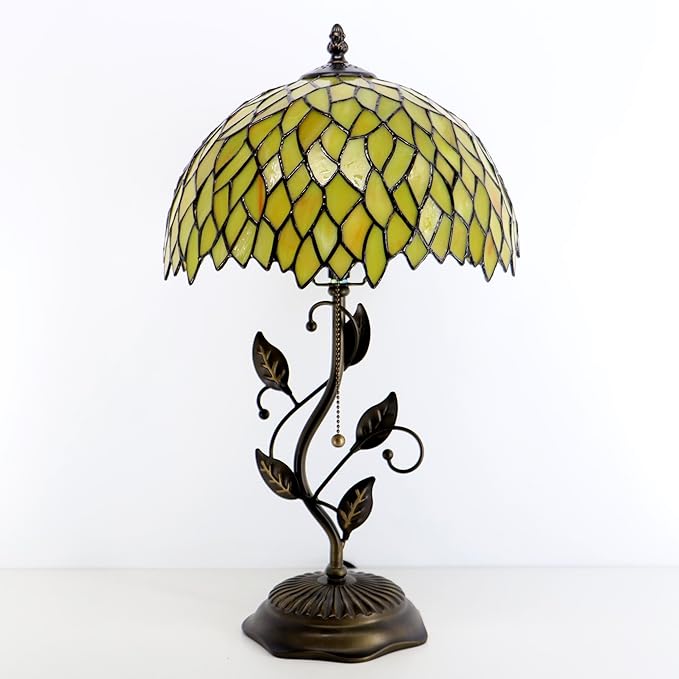 Tiffany Lamp Stained Glass Table Lamp Desk Bedside Reading Light 12X12X19 Inches with Metal Leaf Base(Yellow Wisteria)