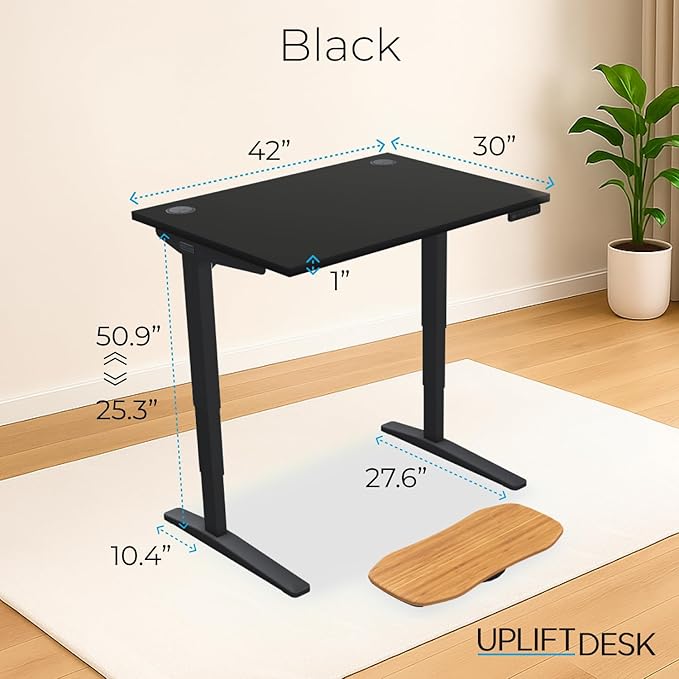 UPLIFTDESK V2 2-Leg Black Laminate Wood Standing Desk – Adjustable Height, Advanced 1-Touch Memory Keypad, Under Desk Cable Management, Wire Grommets & Rocker Board (Black C-Frame, 42 x 30 inch)