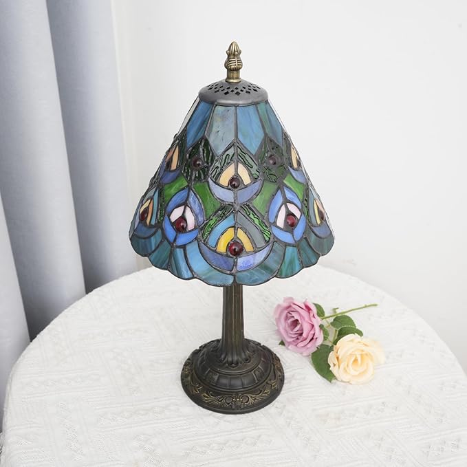 Green Peacock Decor Small Tiffany Style Table Lamp Antique Stained Glass Lamps Vintage Bedroom Bedside Reading Light Living Room Hotel Bar Kitchen Home Red Glass Bead Cute Accent Night Light 8 Inch
