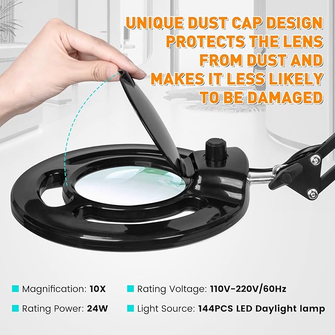 10X Long Magnifying Glass with Light, 2200 Lumen & 24W Stepless Dimming LED Magnifying Lamp with Clamp, Adjustable Swing Arm Lighted Magnifier Light, Hands Free Craft Lamp for Hobby Repair Reading