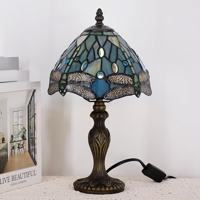 Small Tiffany Lamp Stained Glass Table Lamp Mini Desk Accent Light for Bedroom Bedside Reading Home Antique Style Decor 8X15 Inches (Blue Dragonfly)