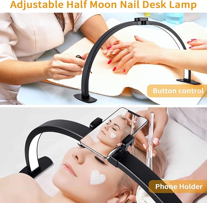 Half Moon Light for Nail Desk,29In Half Moon Lamp with Phone Holder,3000-6000K Nail Lamp Perfect LED Machine Light for Table (Black)