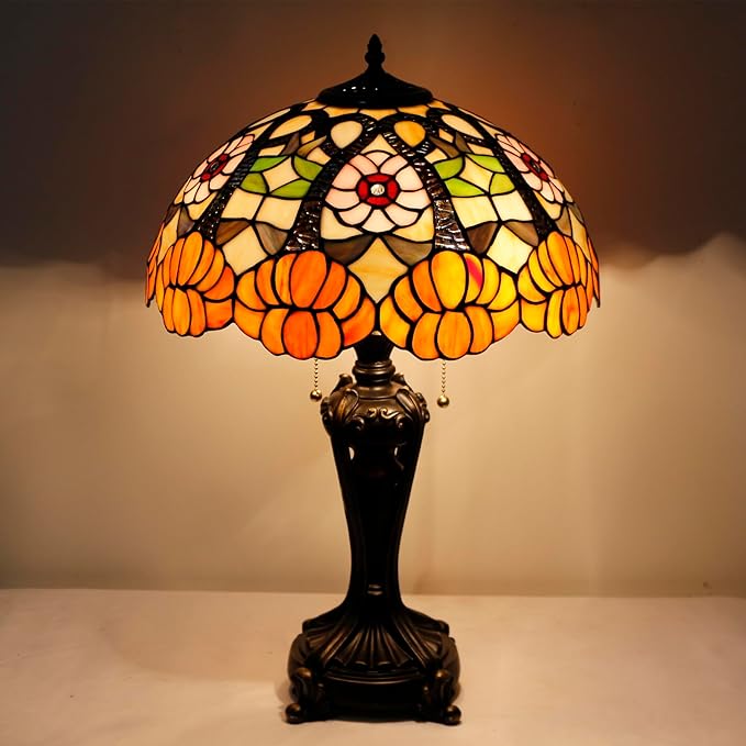 Tiffany Stained Glass Table lamp 16X16X24 Inch Orange Flower Style Desk Bedroom Living Room Antique Reading Light (Orange Flower)