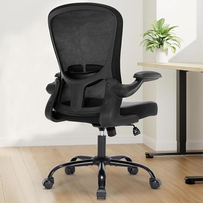 Office Chair, Ergonomic Mesh PU Leather Desk Computer Chair, with Lumbar Support, Adjustable Height, Executive Swivel Rolling with Flip-up Arm, Black