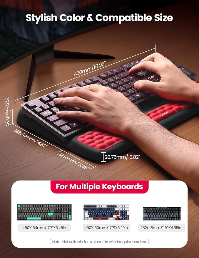Vaydeer Keyboard Stand with Wrist Rest, Gaming Wrist Support Pad, Ergonomic Hand Rest Arm Soft Memory Foam for Palm Typing Comfort, Keyboard Riser Holder Lifter Computer Desk Accessory Office Home-Red