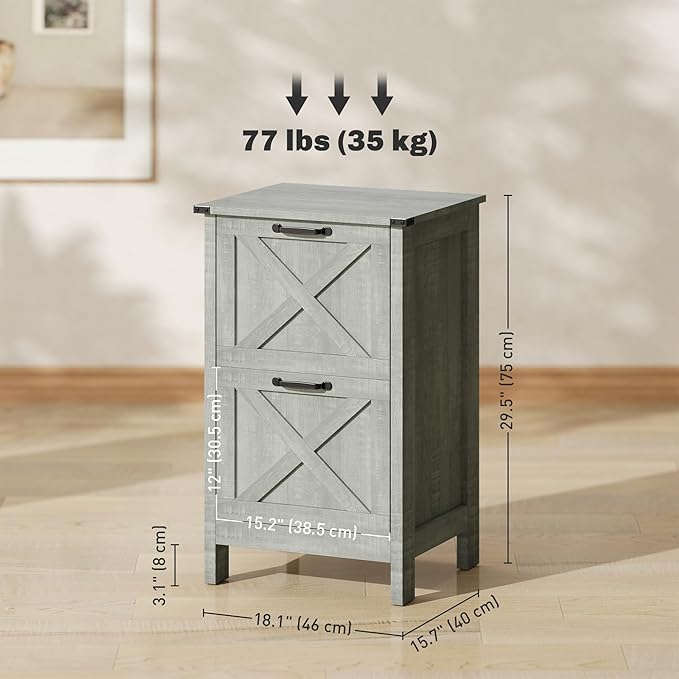 HOMCOM 2 Drawer Vertical File Cabinet with Silent Slides, Rustic Farmhouse Filing Cabinet with Barn Doors for A4/Letter Size, Printer Stand with Storage for Home Office, Distressed Light Gray