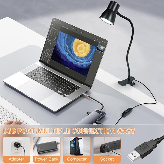 LUJOLUMIN Clip Desk Lamp, USB Reading Light, Flexible Neck Led Clamp Light with 3 Color Temperature Options, 10 Dimmable Brightness Levels for Working, Studying (8W)