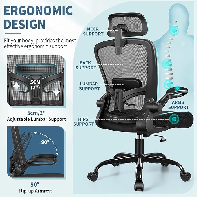 FelixKing Ergonomic Office Chair, Headrest Desk Chair with Adjustable Lumbar Support, Home Office Swivel Task Chair with High Back and Armrest, Adjustable Height Gaming Chair(Black),Pack of 2