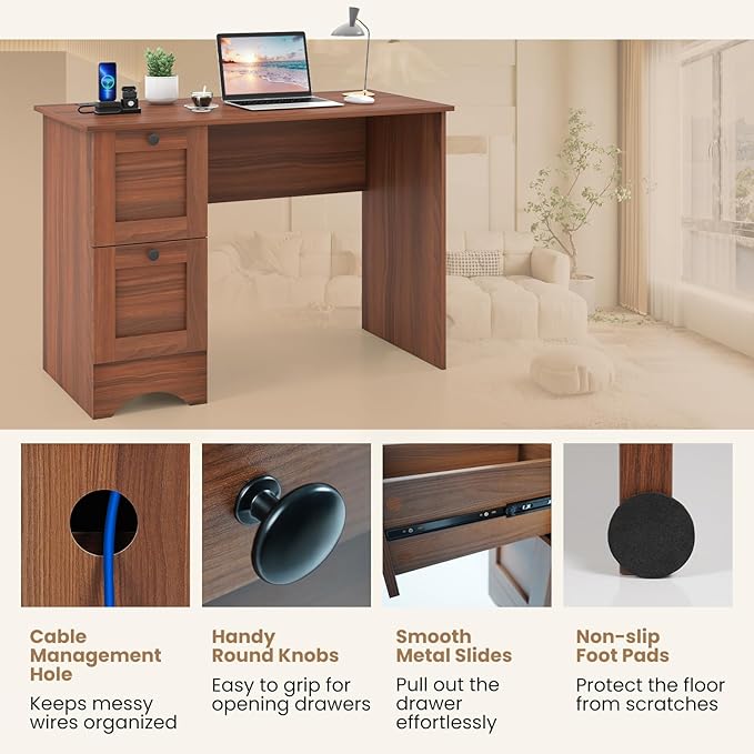 Tangkula Computer Desk with Drawers & Charging Station, Wooden Home Office Desk PC Laptop Notebook Desk, Compact Study Desk Writing Desk, Computer Workstation Ideal for Home & Office