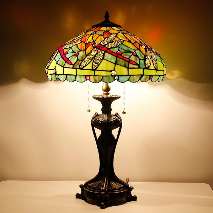 Tiffany Stained Glass Table Lamp 16X16X24 Inch Green Red Dragonfly Style Desk Bedroom Living Room Antique Reading Light (Green Red Dragonfly)