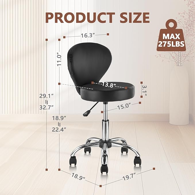 Pu Leather Round Rolling Swivel Salon Stool Chair, with Adjustable Height and Back Support for Office Massage Facial Spa Medical Drafting Tattoo Beauty Barber Black 4PK