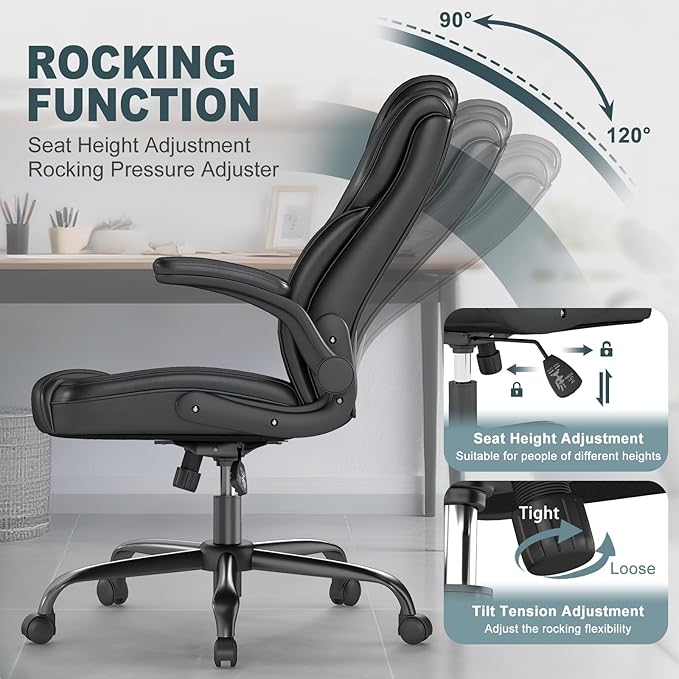 AnyGod Executive Office Chair, Comfy Ergonomic Computer Desk Chairs with Flip-up Armrests, Lumbar Support, High Back, 360° Swivel and Rocking Function for Home Office