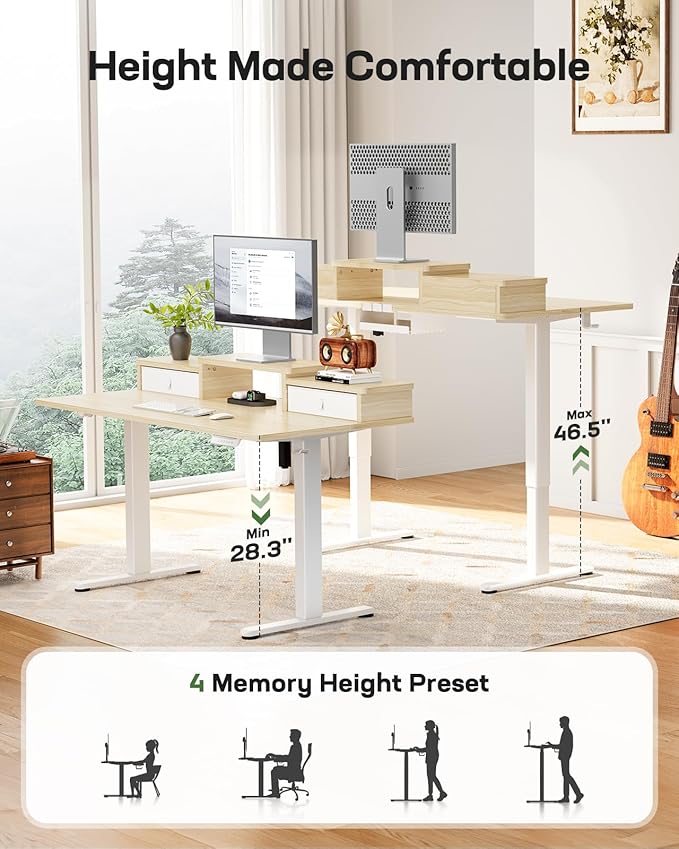 Marsail Electric Standing Desk with Drawers, 55″ x 28″ Height Adjustable Sit Stand Up Desk with Storage Shelf, Ergonomic Home Office & Computer Table with 4 Memory Heights, Maple