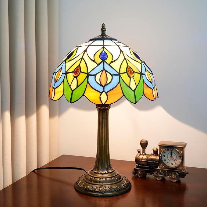 Tiffany Lamp Stained Glass Table Lamp 12-Inch Green Peacock Feather Living Room Bedside Table Coffee Shop Dormitory Home Office Decoration Tiffany Style Retro Luxury Decoration Gift (Orange lamp)