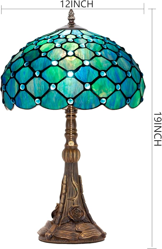 Tiffany Stained Glass Table Lamp 12X12X19 Inch Sea Blue Pearl Style Desk Bedroom Living Room Reading Light (Sea Blue Pearl)