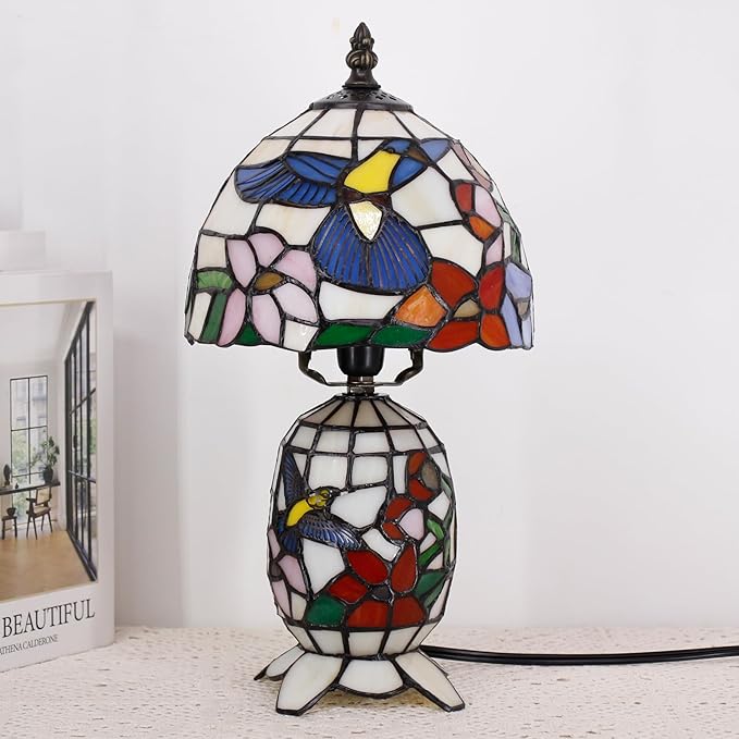 Small Tiffany Lamp Stained Glass Table Lamp Mini Mother Daughter Vase Desk Accent Light for Bedroom Bedside Reading Home Antique Style Decor 8X14 Inches (Hummingbird)